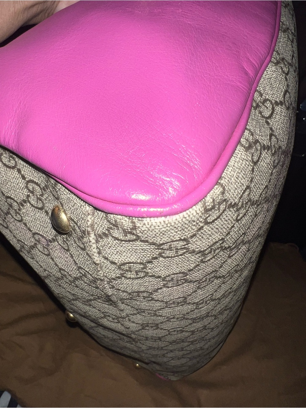 Gucci Beige GG Canvas Satchel with Pink Trim and Red 35 with strap - Picture 11 of 15